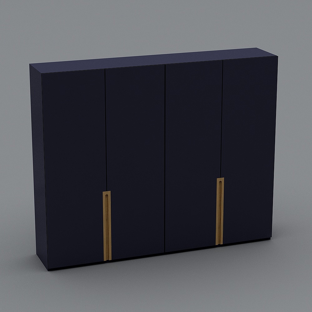 Modern dark blue cabinet with four doors and gold handles on grey background
