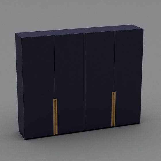 Modern dark blue cabinet with four doors and gold handles on grey background
