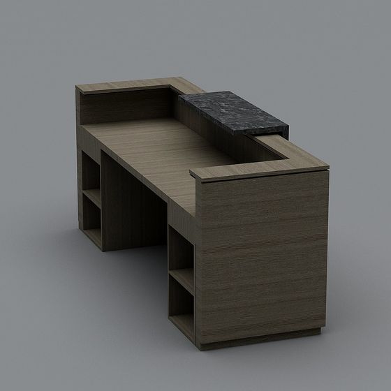 Modern L shaped office desk with wood surface and black stone top on grey background
