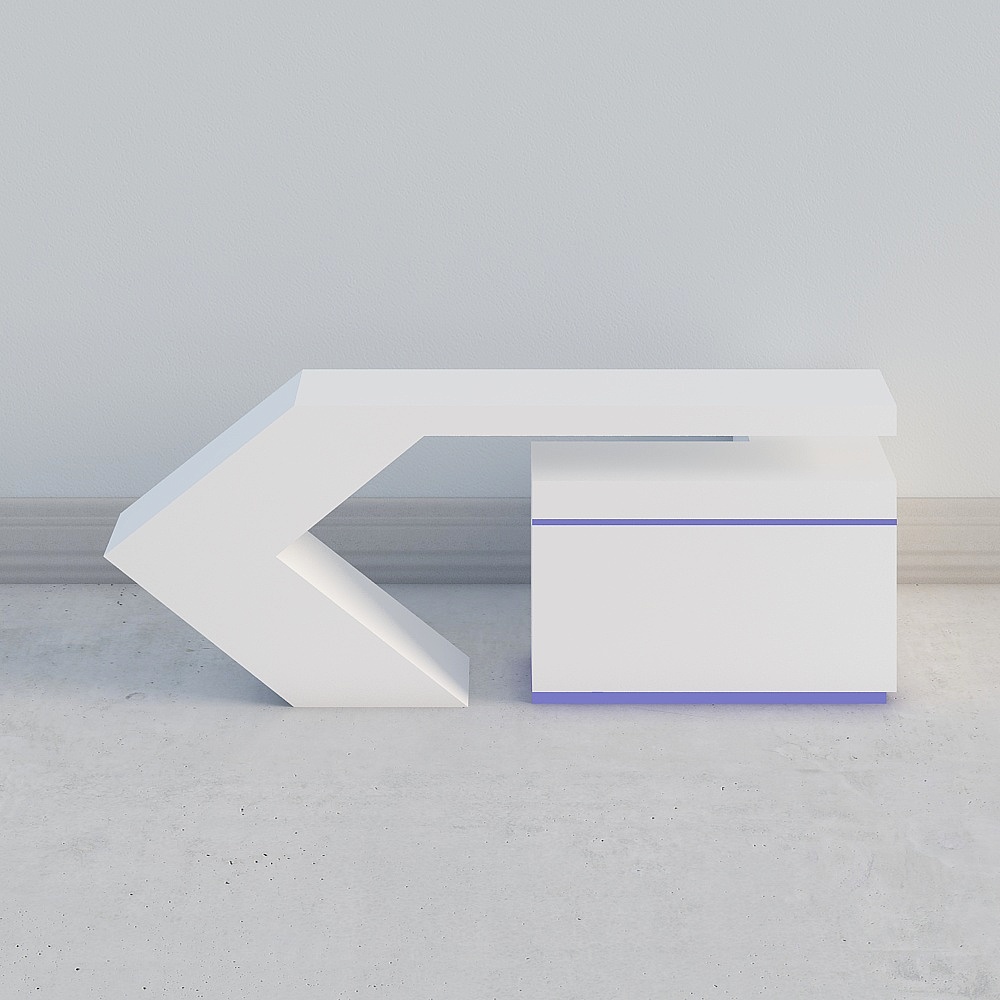 Modern white desk with geometric angled leg and purple accent lines on grey background