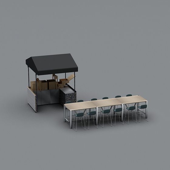 Stylish Urban Street Food Stall and Long Table 3D model