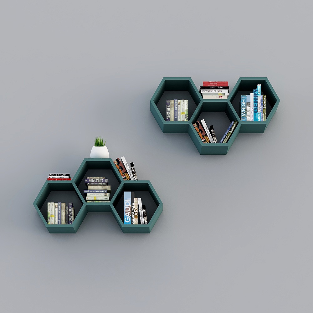 Set of two green hexagon wall shelves holding books and plant on grey background