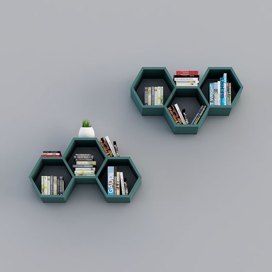 Set of two green hexagon wall shelves holding books and plant on grey background