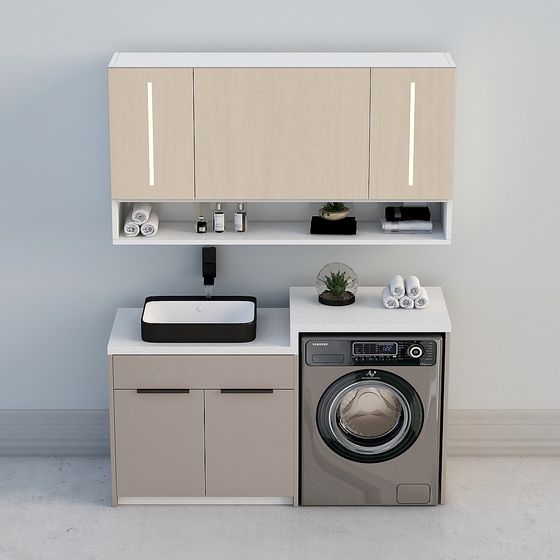 Stylish Wood Color Washer Cabinet 3D Model