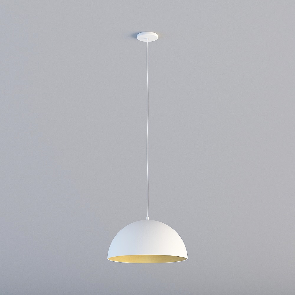 Modern white dome ceiling light with gold interior finish hanging on grey background