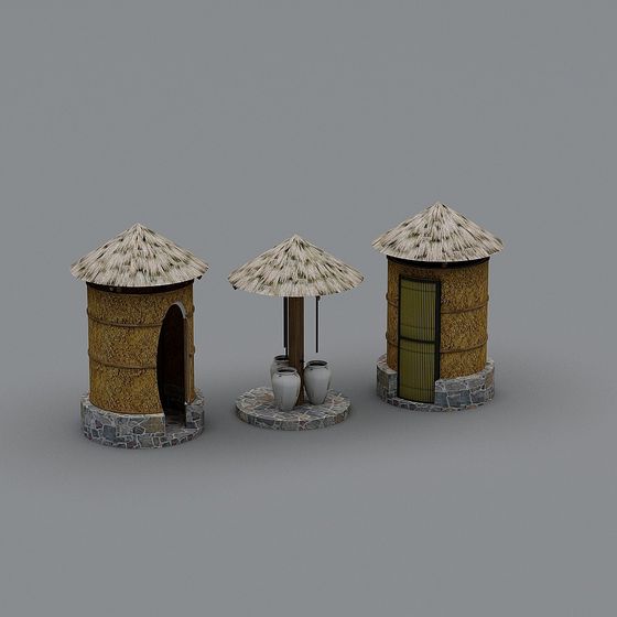 Traditional thatched house and well 3D model