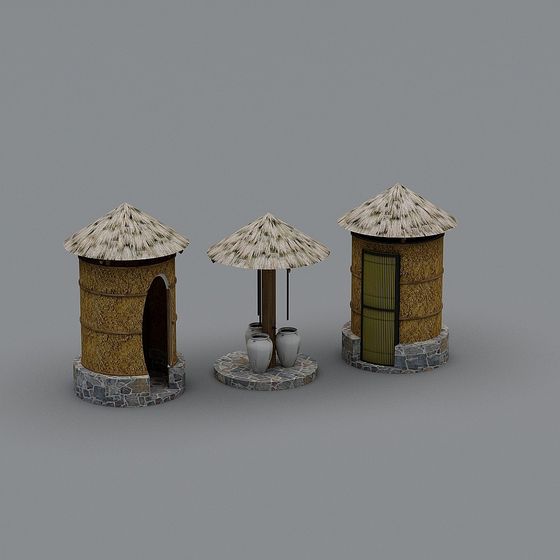 Traditional Eastern Thatched Cottage and Well 3D model