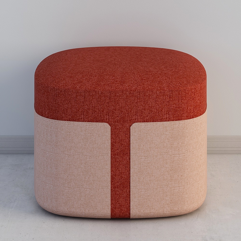 Round two-tone fabric footrest with red top and beige base on white background