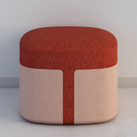 Round two-tone fabric footrest with red top and beige base on white background