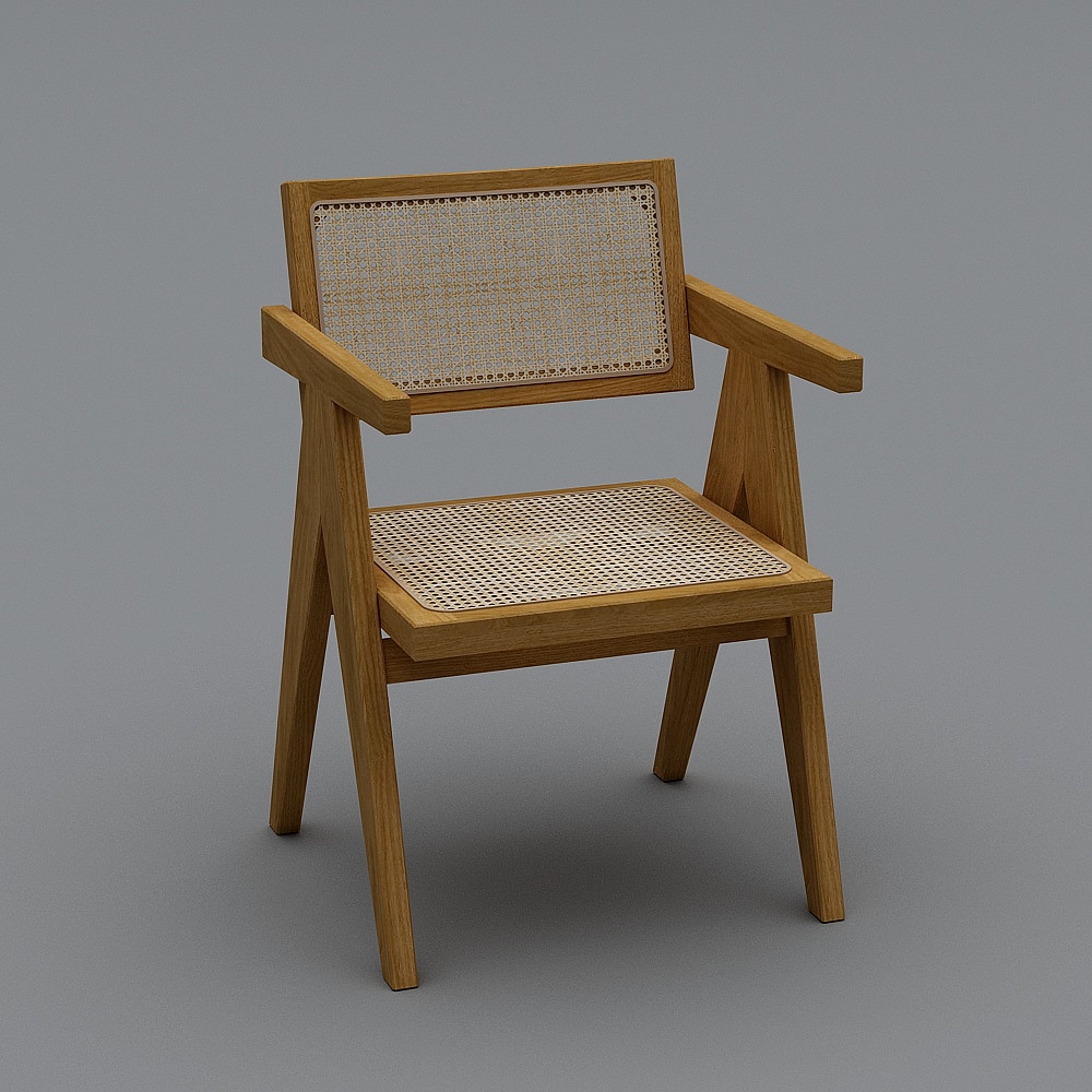 Modern wooden armchair with woven rattan seat and backrest on grey background