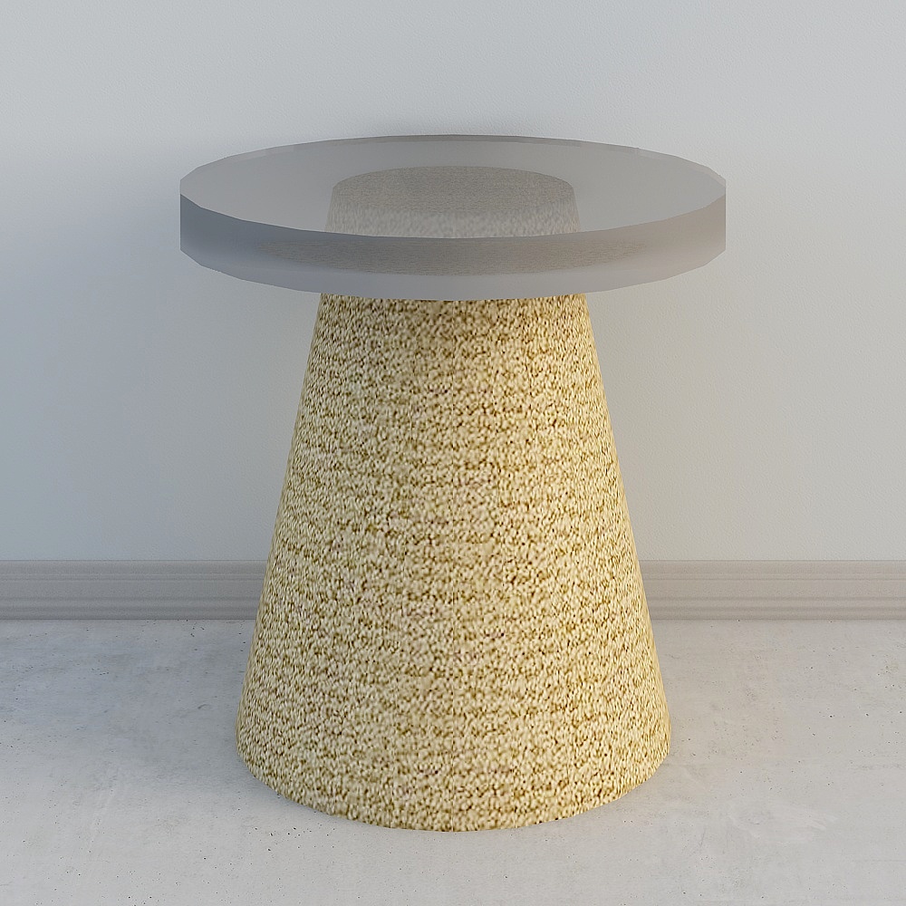 Modern round side table with yellow textured cone base and glass top on grey background