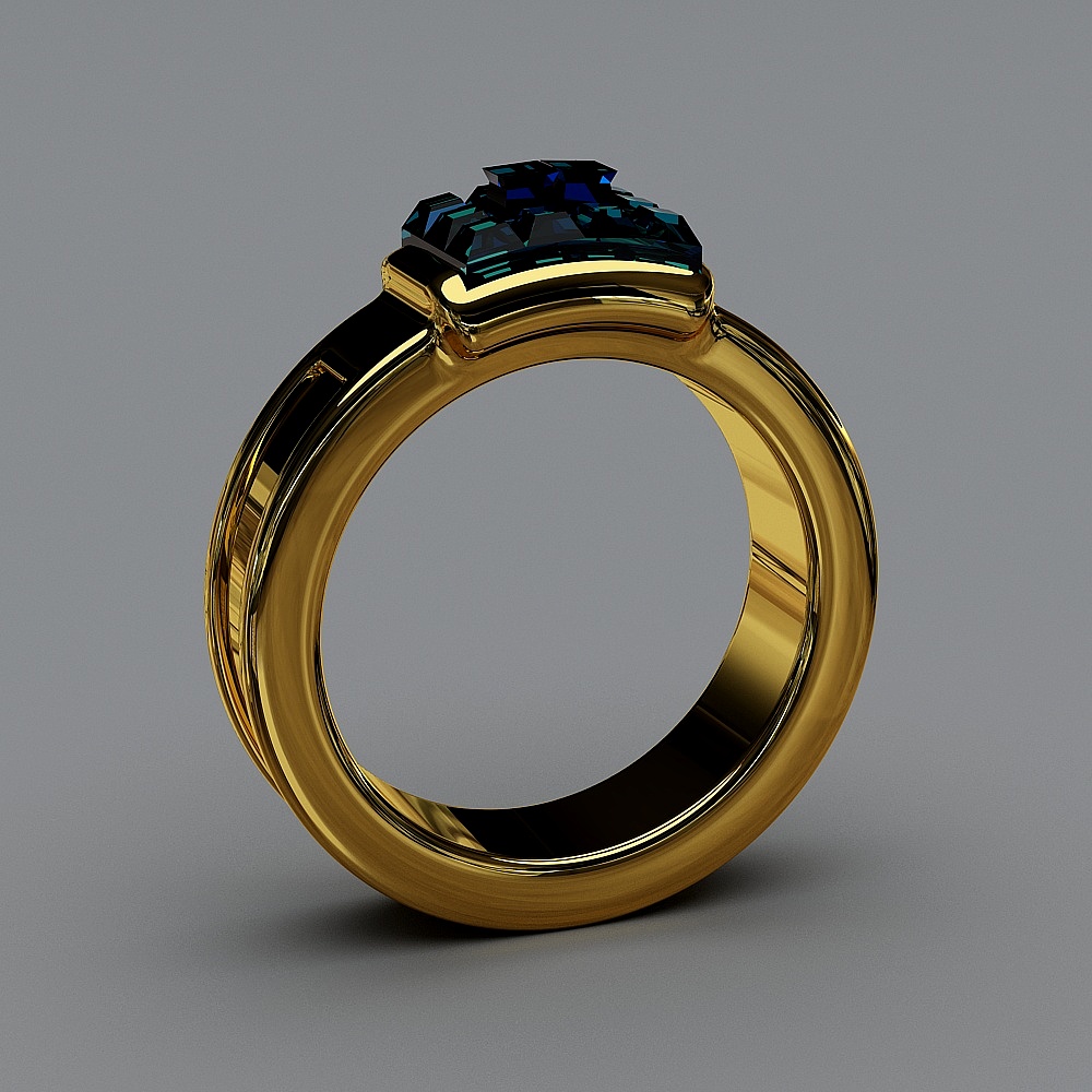 Luxury gold ring with large blue gemstone on grey background