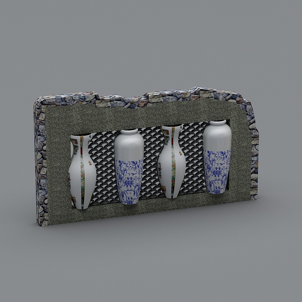 Decorative wall niche with stone frame holding four blue and white vases on grey background