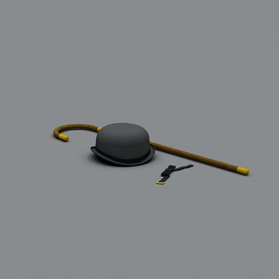 Vintage Black Hat and Wooden Cane 3D model