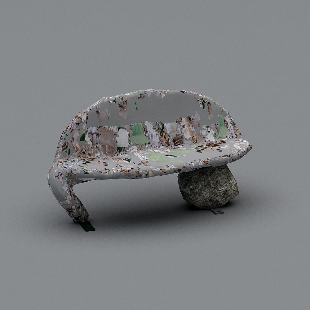 Modern bench with multicolor mosaic finish and stone base on grey background