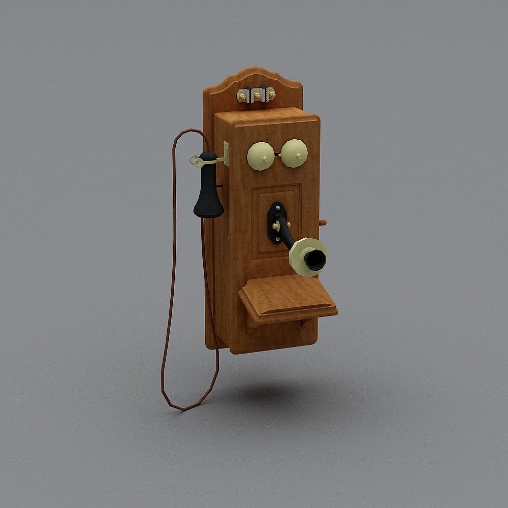 Vintage brown wooden wall telephone with black handset and cream dials on grey background