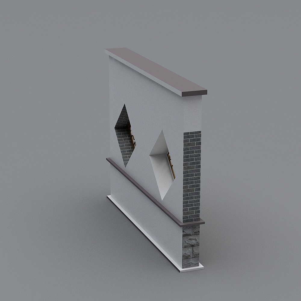 White wall panel with grey brick and two diamond shaped windows on grey background