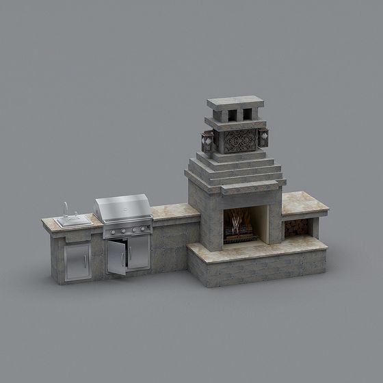 Outdoor Kitchen & Fireplace 3D model