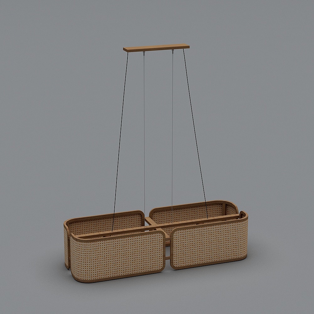 Modern light brown wood and rattan hanging ceiling light with four black cords on grey background