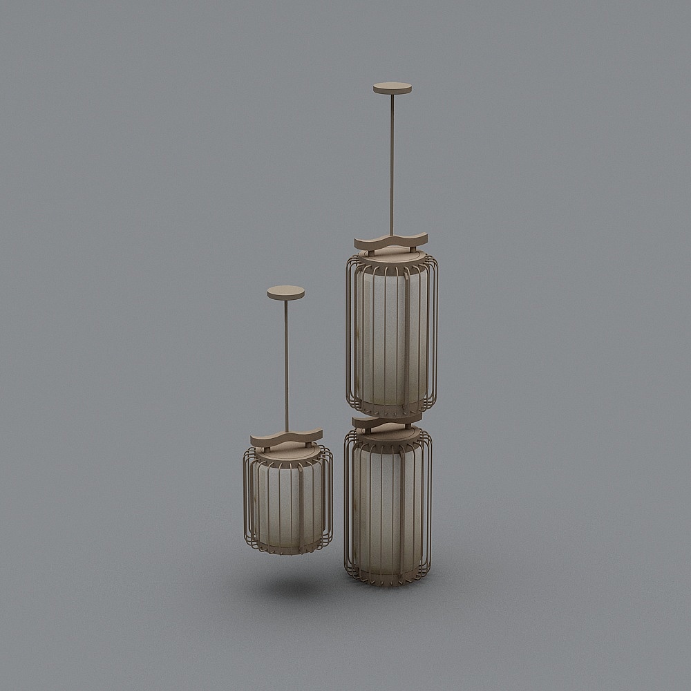 Modern hanging light fixtures with metal cages and glass shades on grey background
