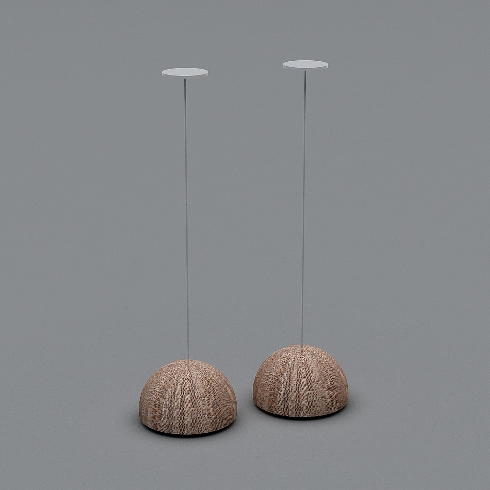 Two modern pendant lights with woven wood domes on grey background