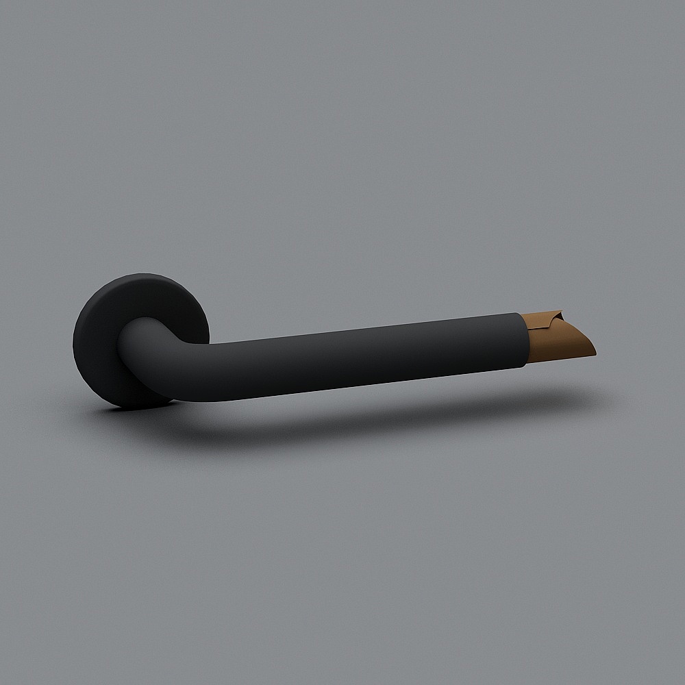 Modern black metal door handle with gold tip on grey background