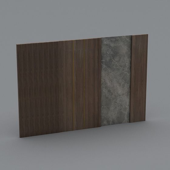 Modern dark brown wood wall panel with grey stone texture and gold lines on grey background