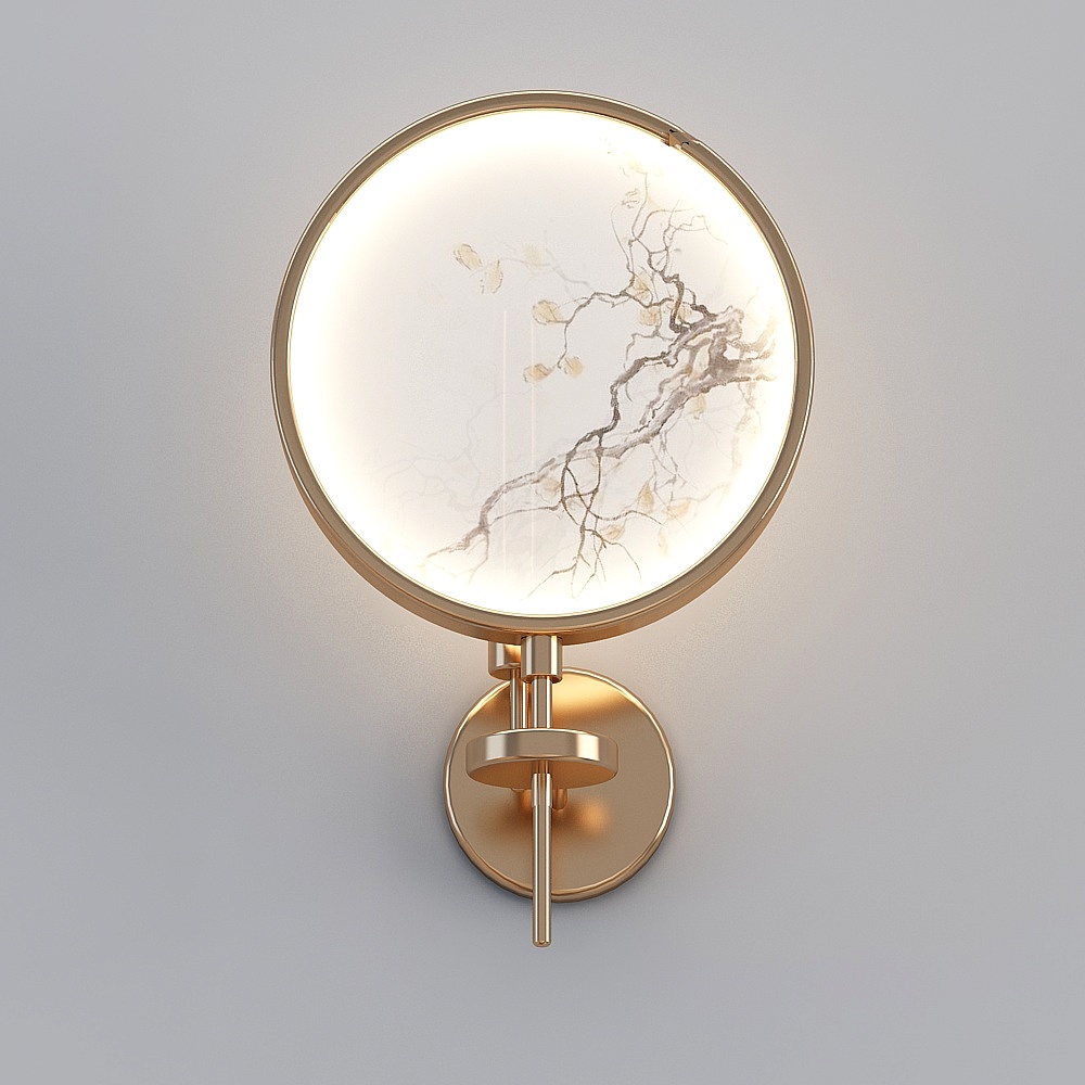 Round wall light with gold metal frame and white glass shade featuring tree branch pattern on grey background
