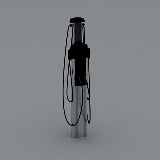 Modern black and silver electric car charging station with two cables on grey background