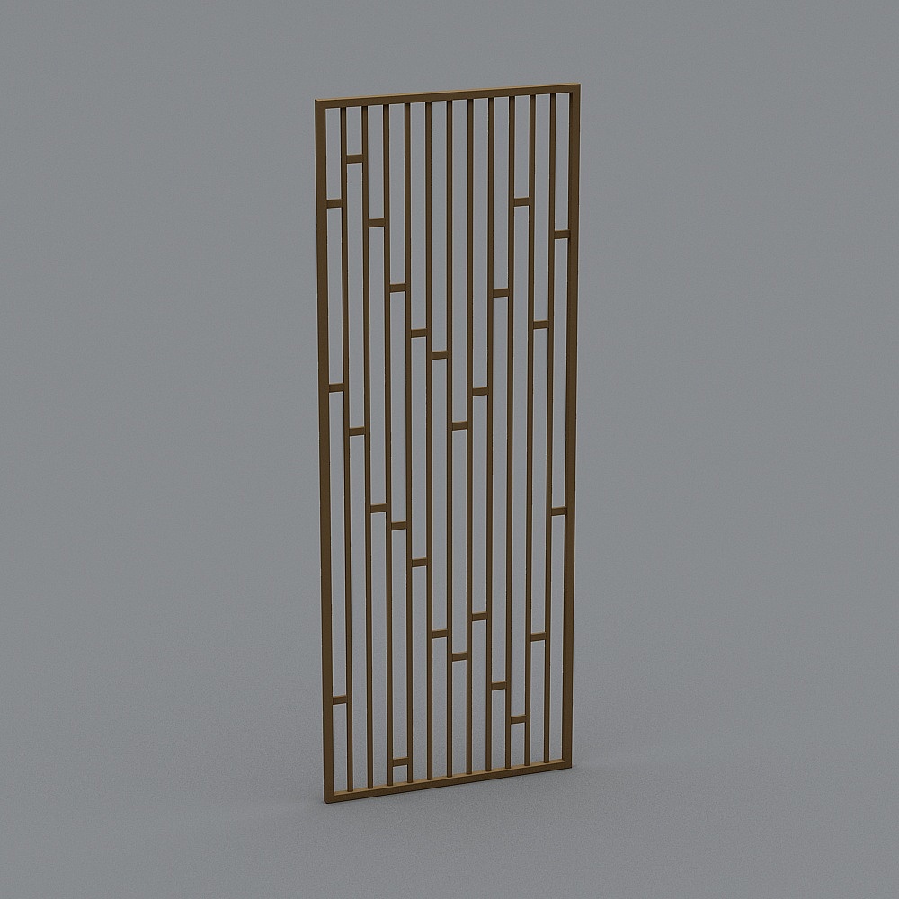 Modern gold metal room divider screen with geometric vertical bars and open design on grey background