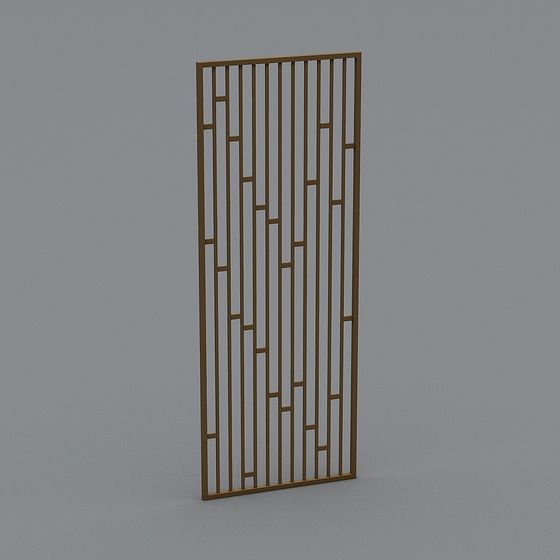 Modern gold metal room divider screen with geometric vertical bars and open design on grey background