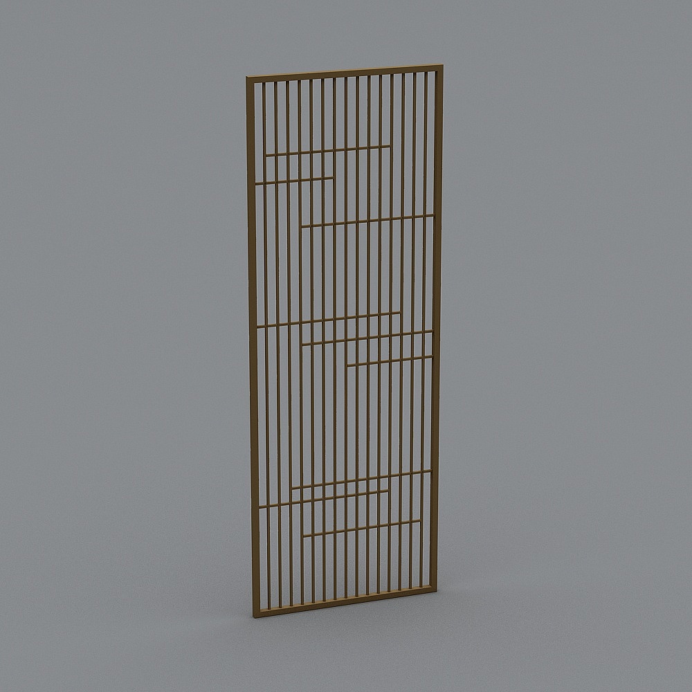 Modern gold metal room divider screen with geometric lines on grey background