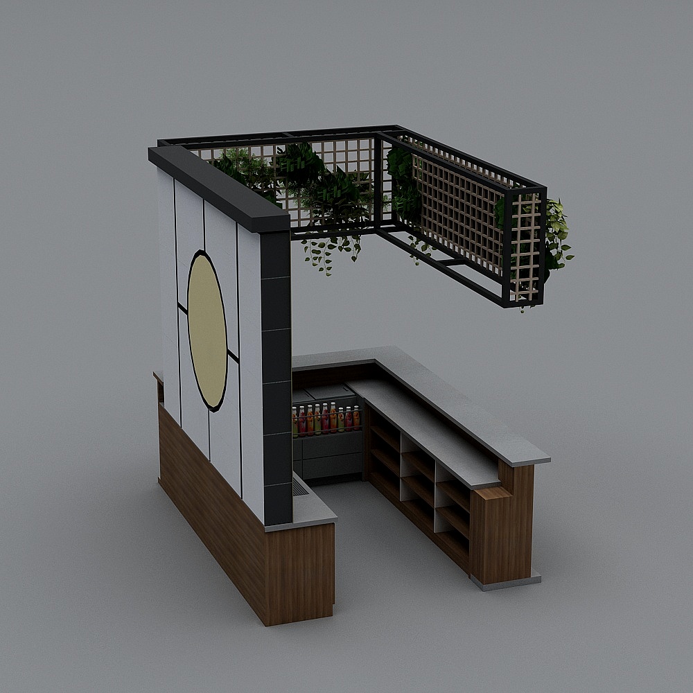 Modern L shaped kiosk with wood base and white wall panel on grey background