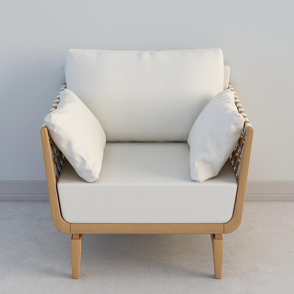 Modern light wood armchair with white cushions and rope sides on grey background