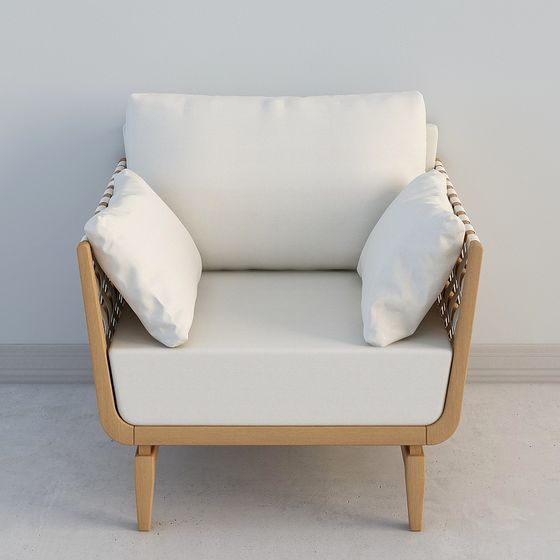 Modern light wood armchair with white cushions and rope sides on grey background