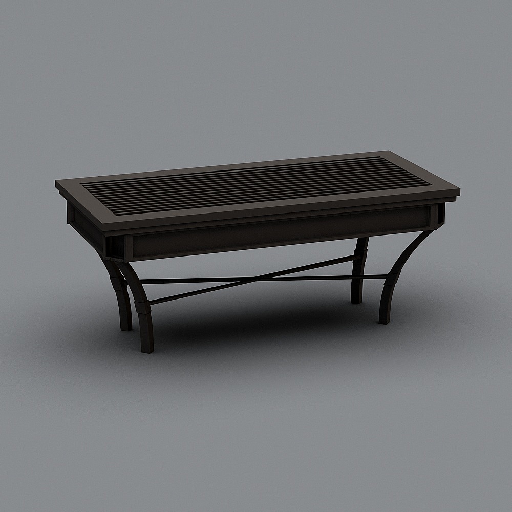 Dark brown wooden coffee table with slatted top and curved legs on grey background
