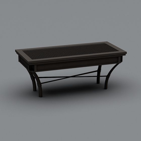 Dark brown wooden coffee table with slatted top and curved legs on grey background