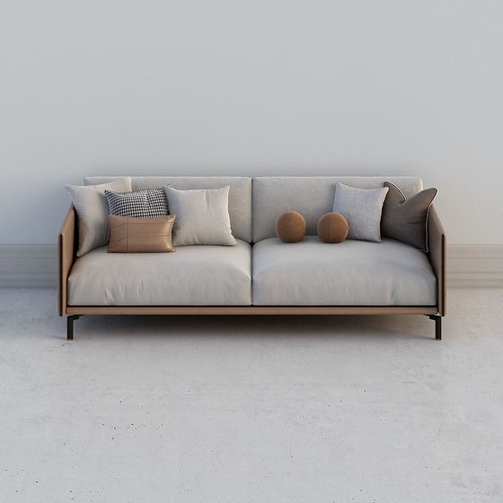 Modern light grey fabric sofa with wooden frame and mixed pillows on white background