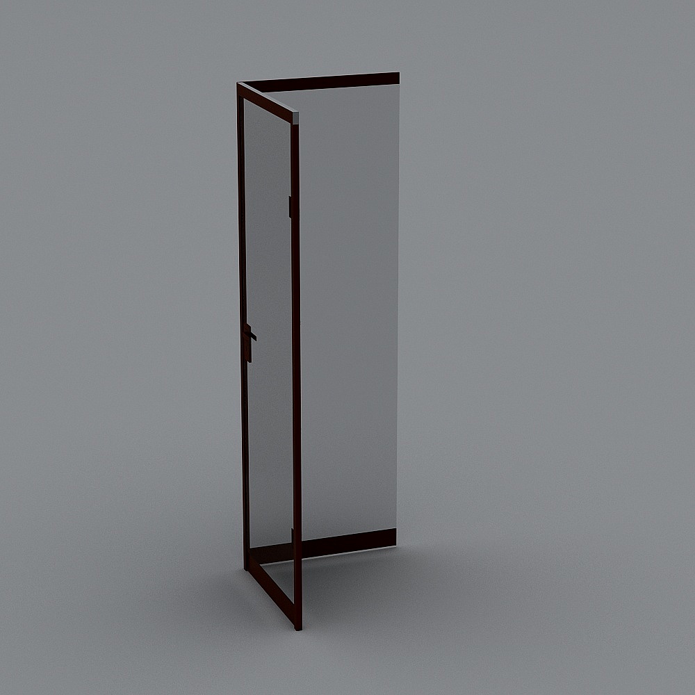 Modern dark brown wood frame glass door with handle on grey background