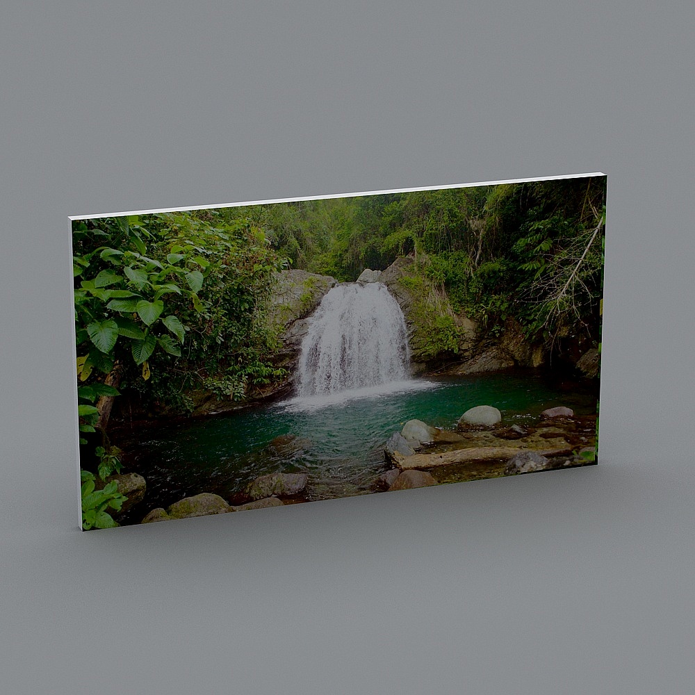Canvas print of jungle waterfall with green water and rocks on grey background
