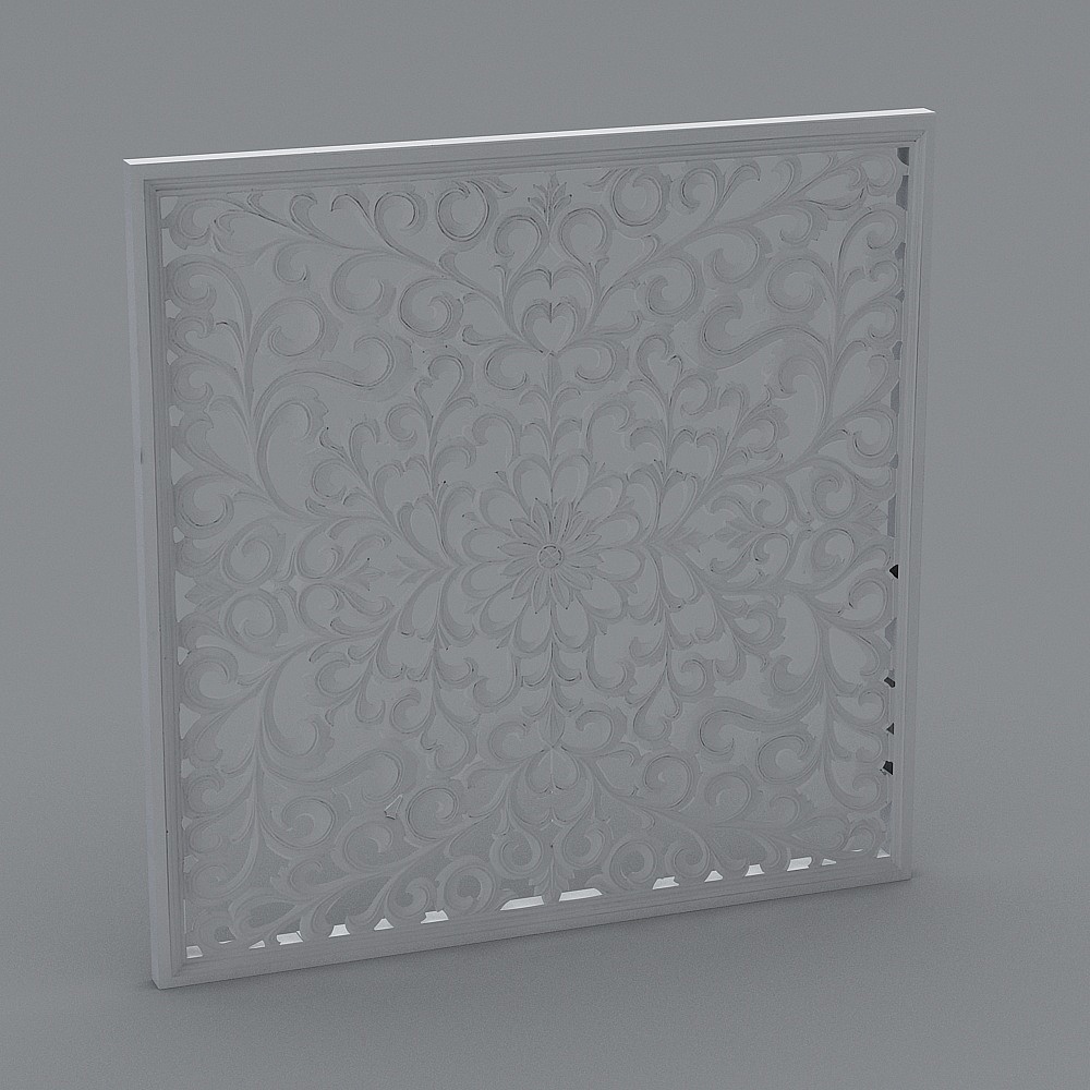 White decorative wall panel with carved floral pattern and frame on grey background