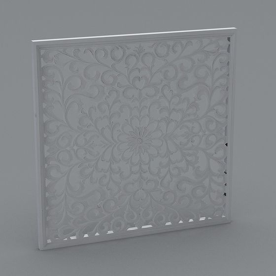 White decorative wall panel with carved floral pattern and frame on grey background