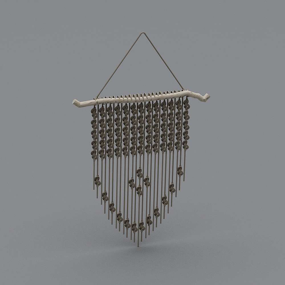 Boho wall hanging with white branch and grey knotted cords on grey background