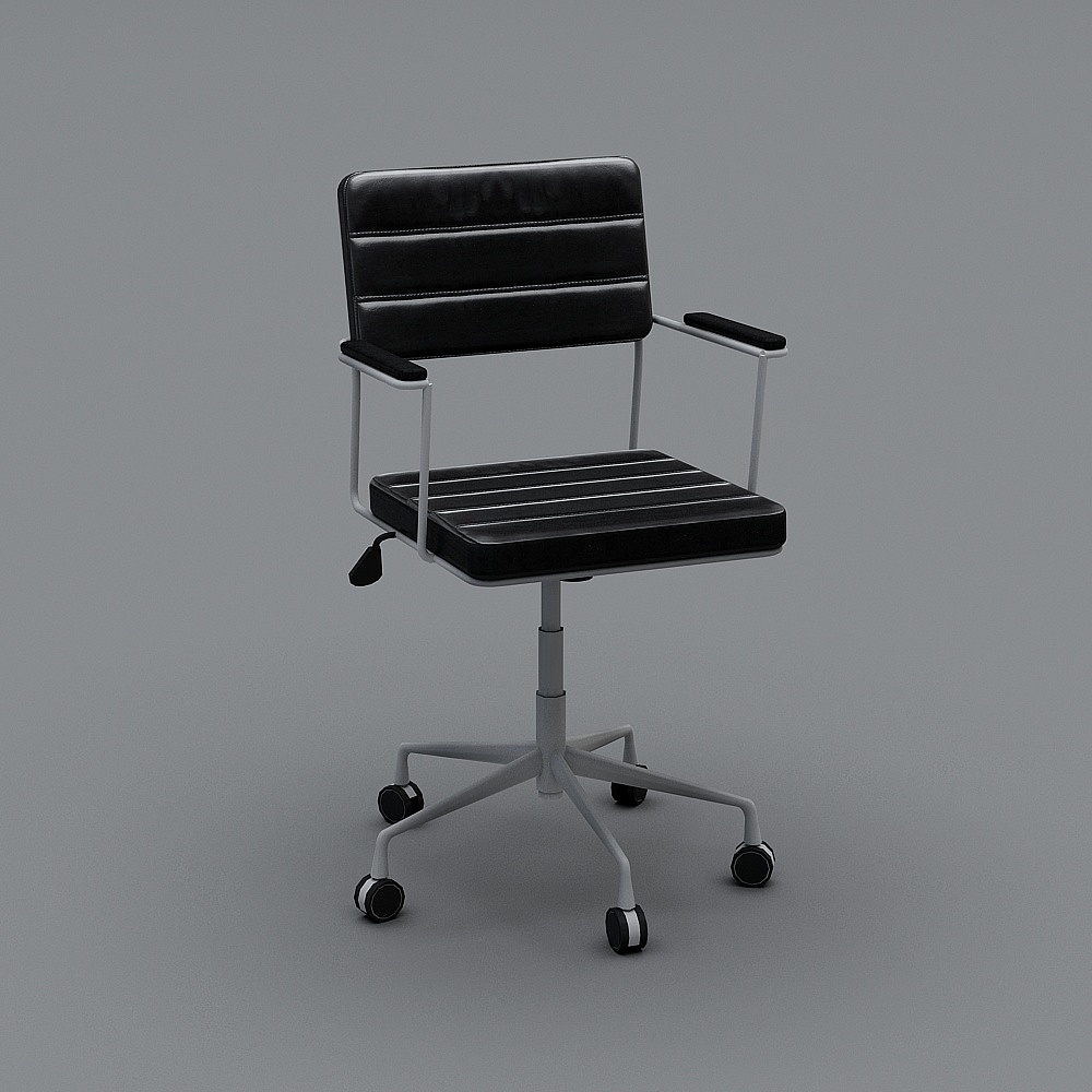 Modern black leather office chair with white metal frame and wheels on grey background