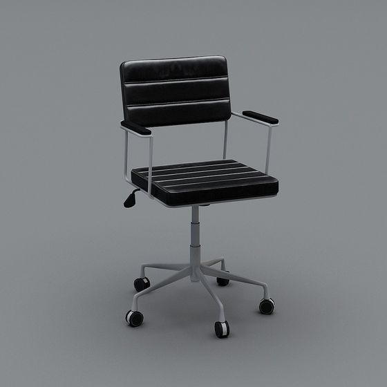Modern black leather office chair with white metal frame and wheels on grey background