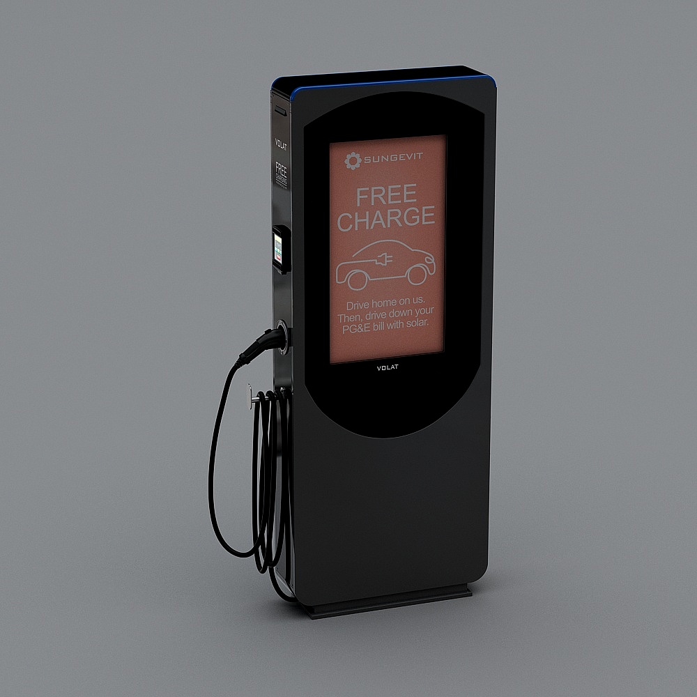 Black electric vehicle charging station with digital screen and cable on grey background