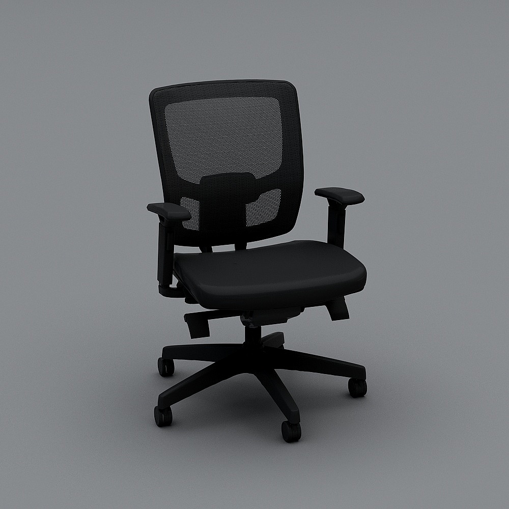 Modern black mesh office chair with armrests and wheels on grey background