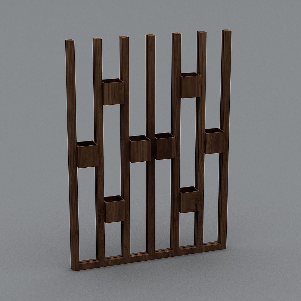 Dark brown wooden wall panel with seven vertical slats and eight square boxes on grey background