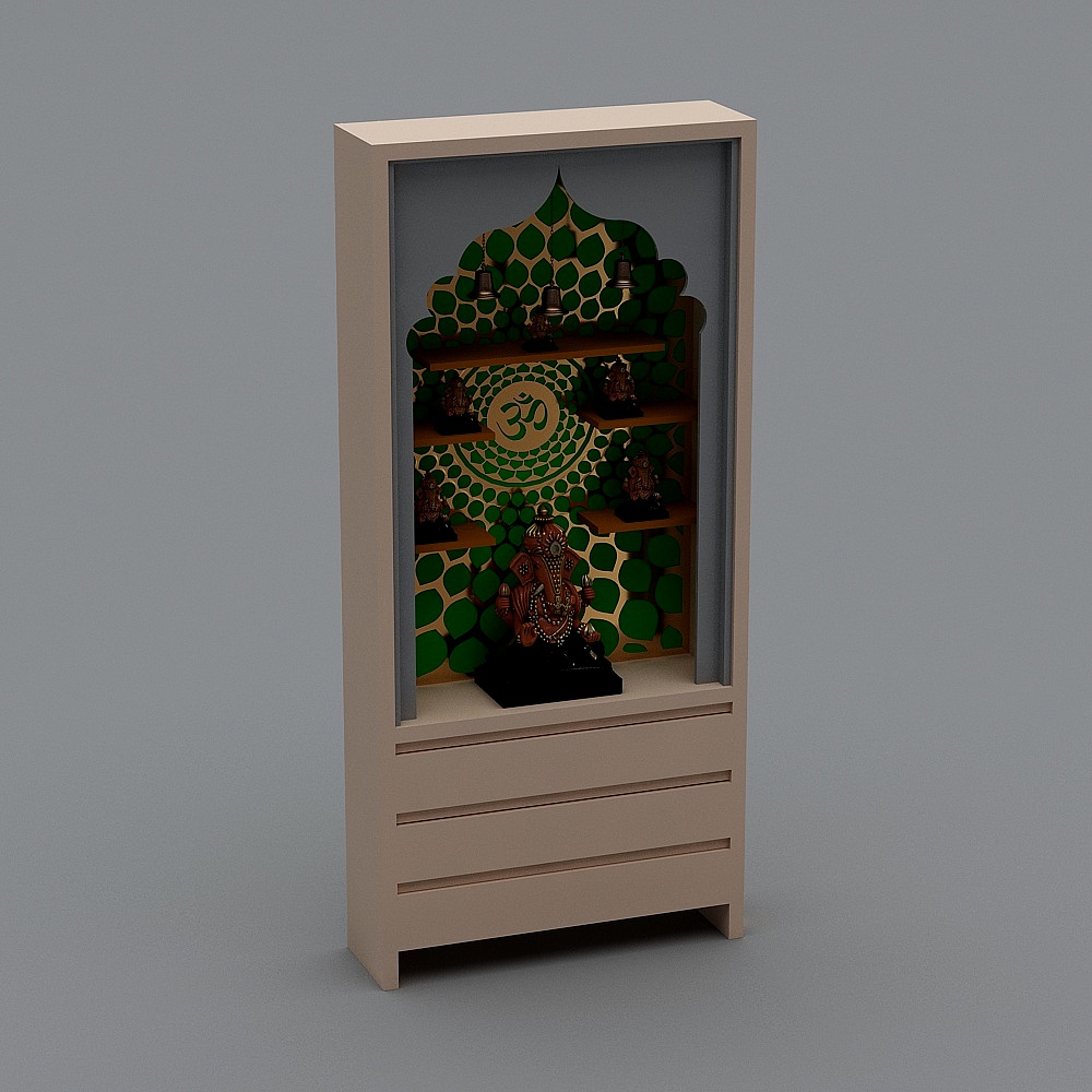Beige home prayer cabinet with green pattern and small statues on grey background