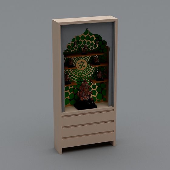 Beige home prayer cabinet with green pattern and small statues on grey background